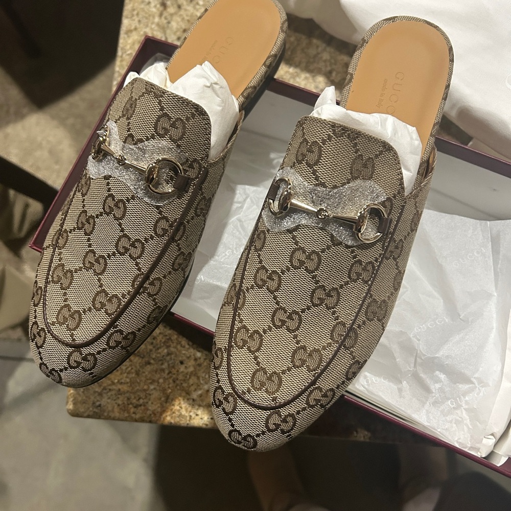 Gucci Brown GG Canvas Princetown Mule with Gold Horsebit